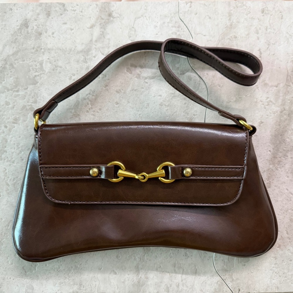 Shein Brown Horsebit Baguette Shoulder Bag Gold Hardware Faux Leather